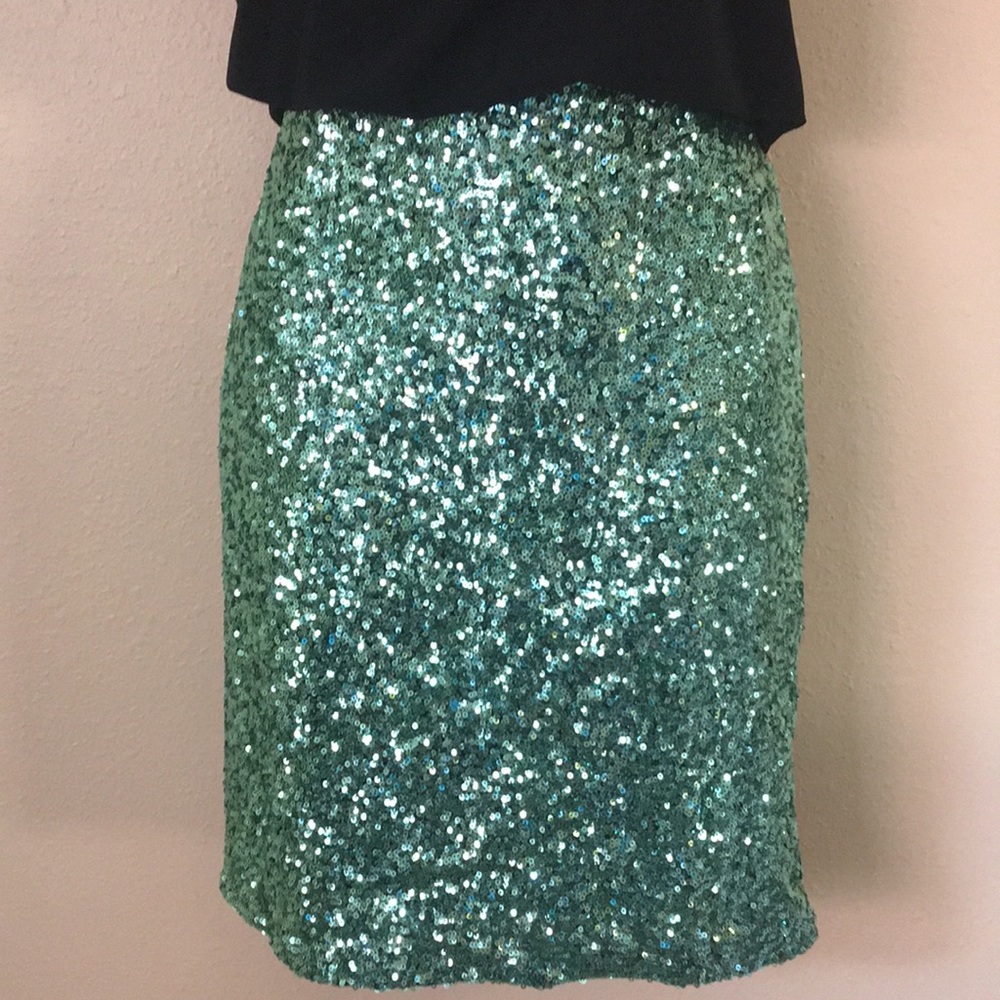 PARTY WEAR! Stretch Sequined Green Skirt w/ kick pleat fully lined